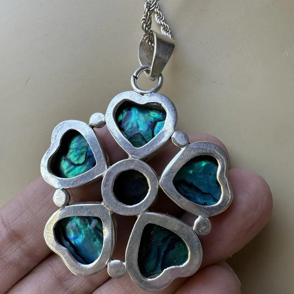VTG Pendant Necklace 17 Inch Abalone Labradorite Flower Italy 925 Sterling 24.1g